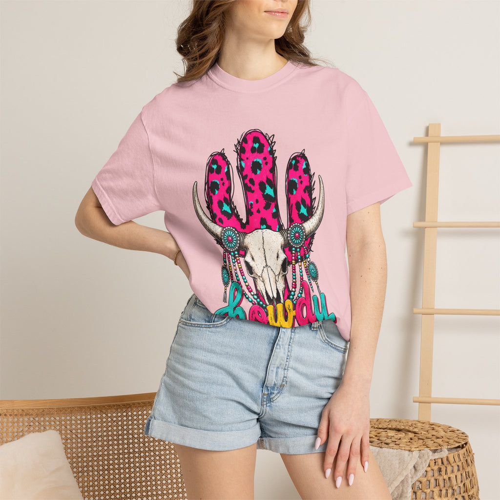 Howdy Skull Graphic T-Shirt — Pink Leopard Cow Skull Western Tee