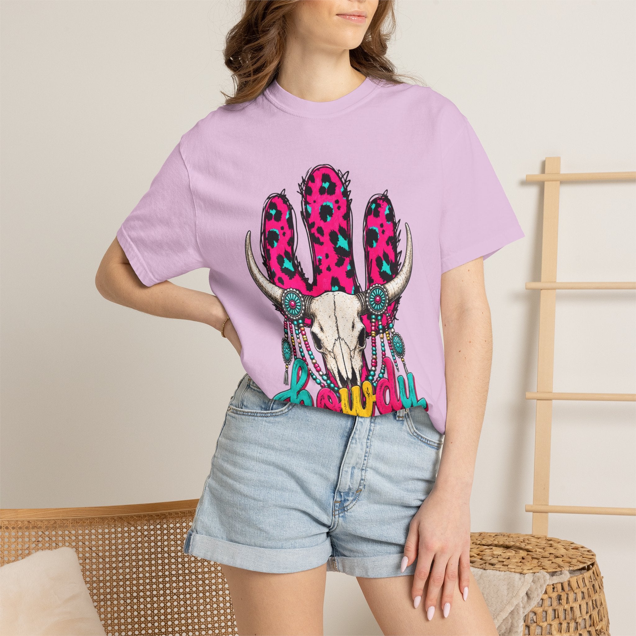 “The Elle Tee” Howdy Skull Graphic T-Shirt — Pink Leopard Cow Skull Western Tee