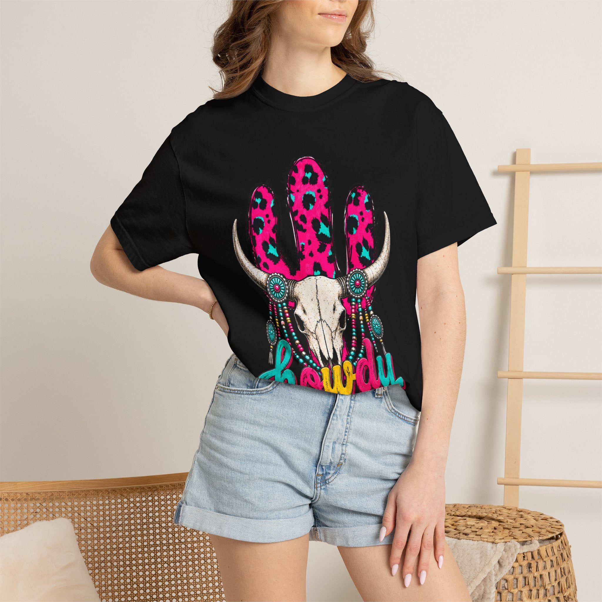 Howdy Skull Graphic T-Shirt — Pink Leopard Cow Skull Western Tee