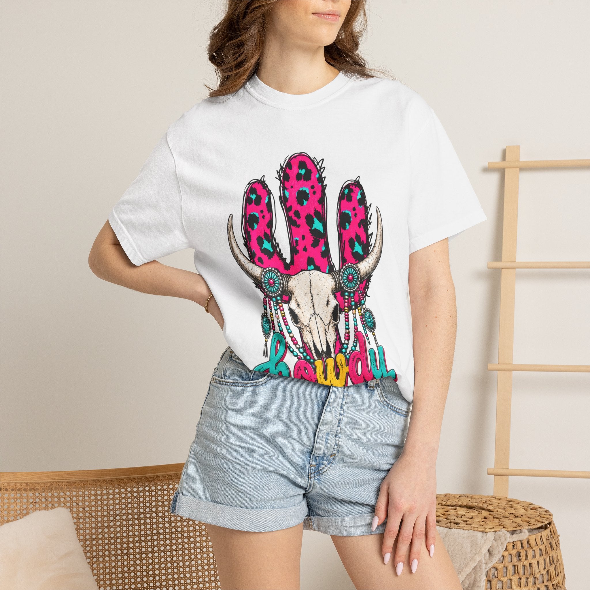 Howdy Skull Graphic T-Shirt — Pink Leopard Cow Skull Western Tee