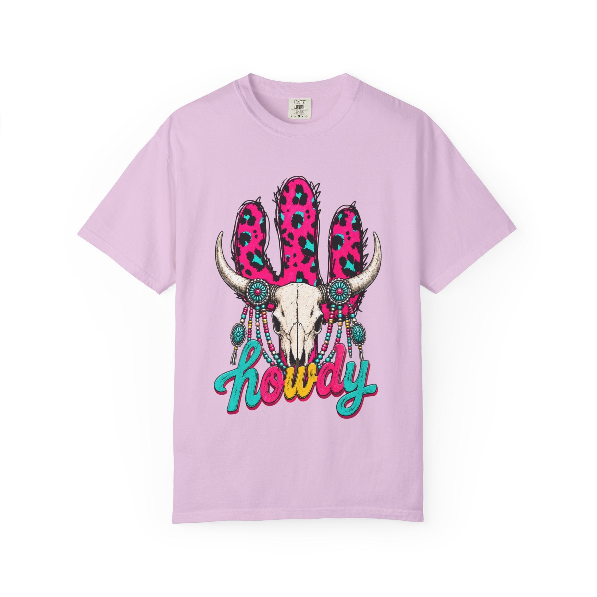 Howdy Skull Graphic T-Shirt — Pink Leopard Cow Skull Western Tee