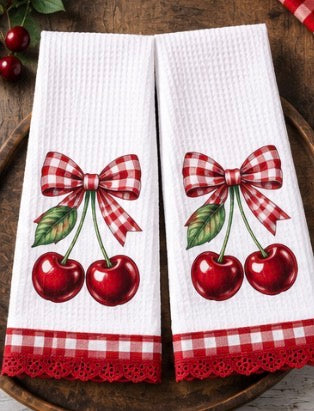Cherry Hand towels( set of two) if you want the second towel continuous patterned and not the same as the first please list in notes