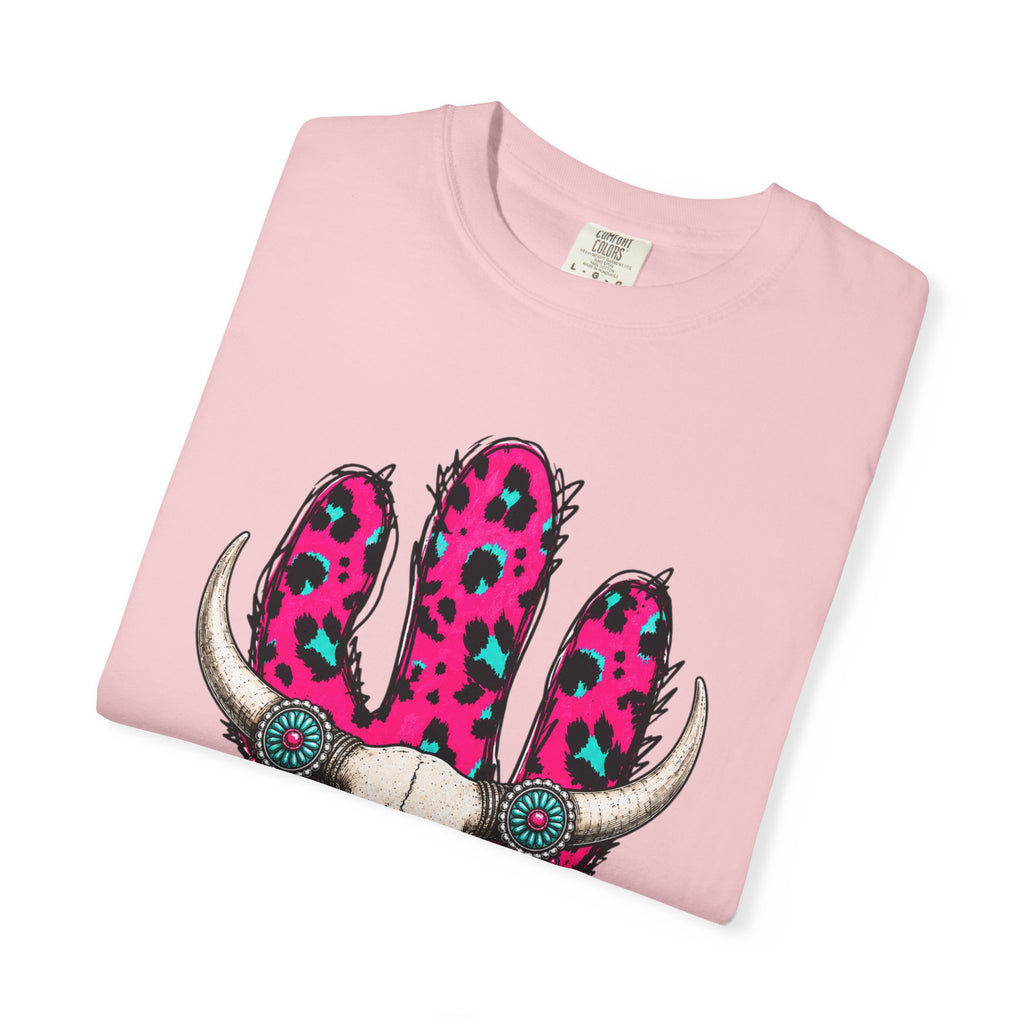 Howdy Skull Graphic T-Shirt — Pink Leopard Cow Skull Western Tee