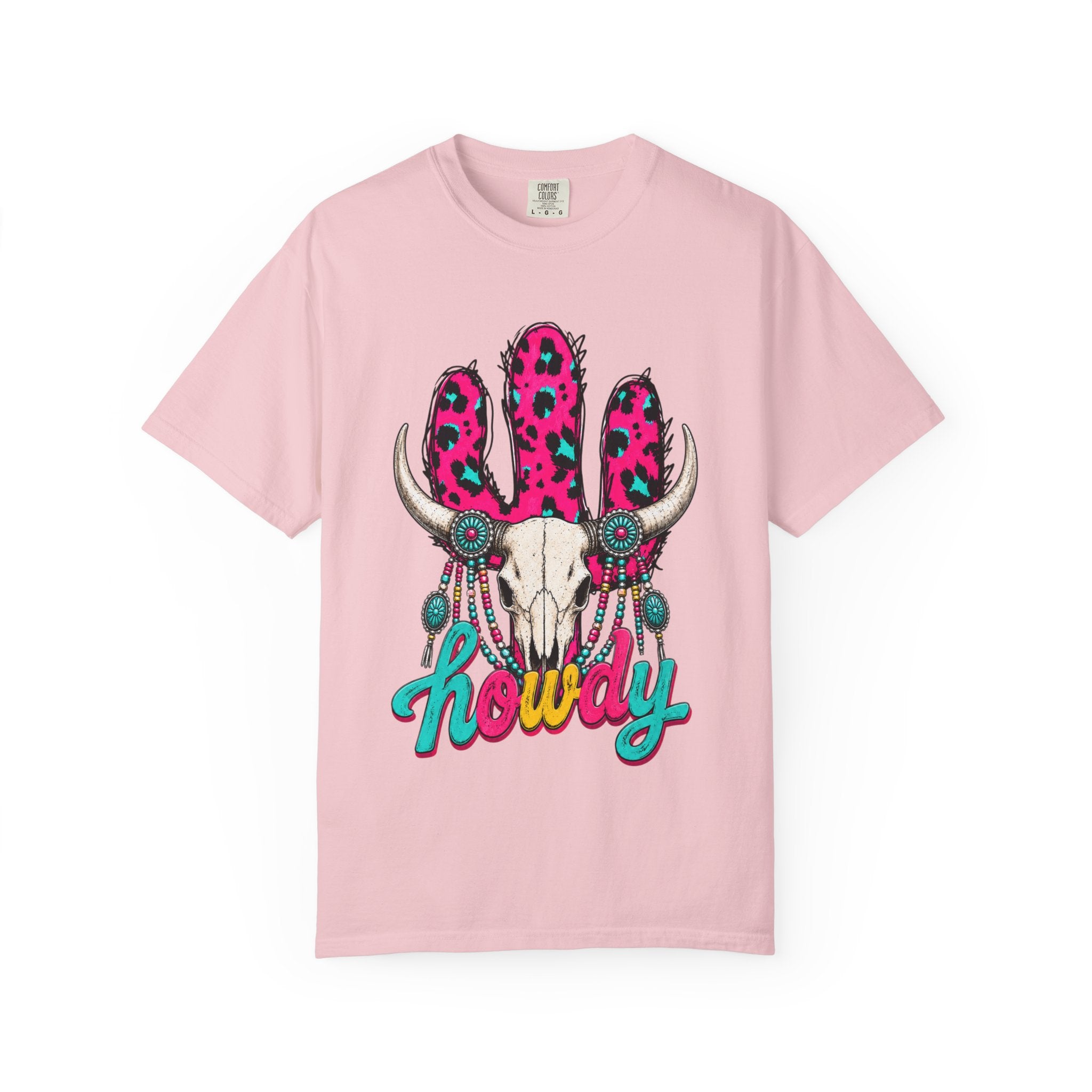“The Elle Tee” Howdy Skull Graphic T-Shirt — Pink Leopard Cow Skull Western Tee