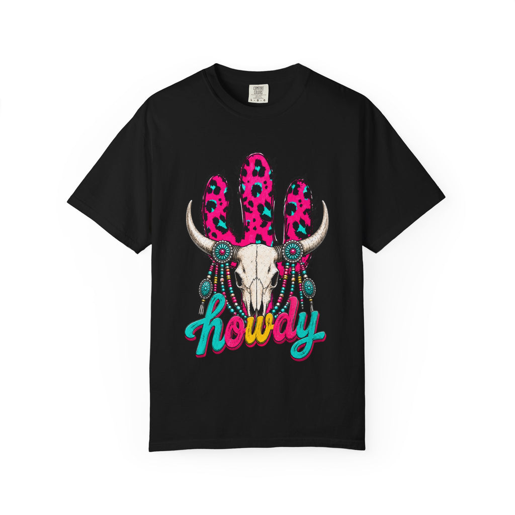 Howdy Skull Graphic T-Shirt — Pink Leopard Cow Skull Western Tee