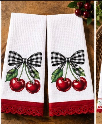 Cherry Hand towels( set of two) if you want the second towel continuous patterned and not the same as the first please list in notes