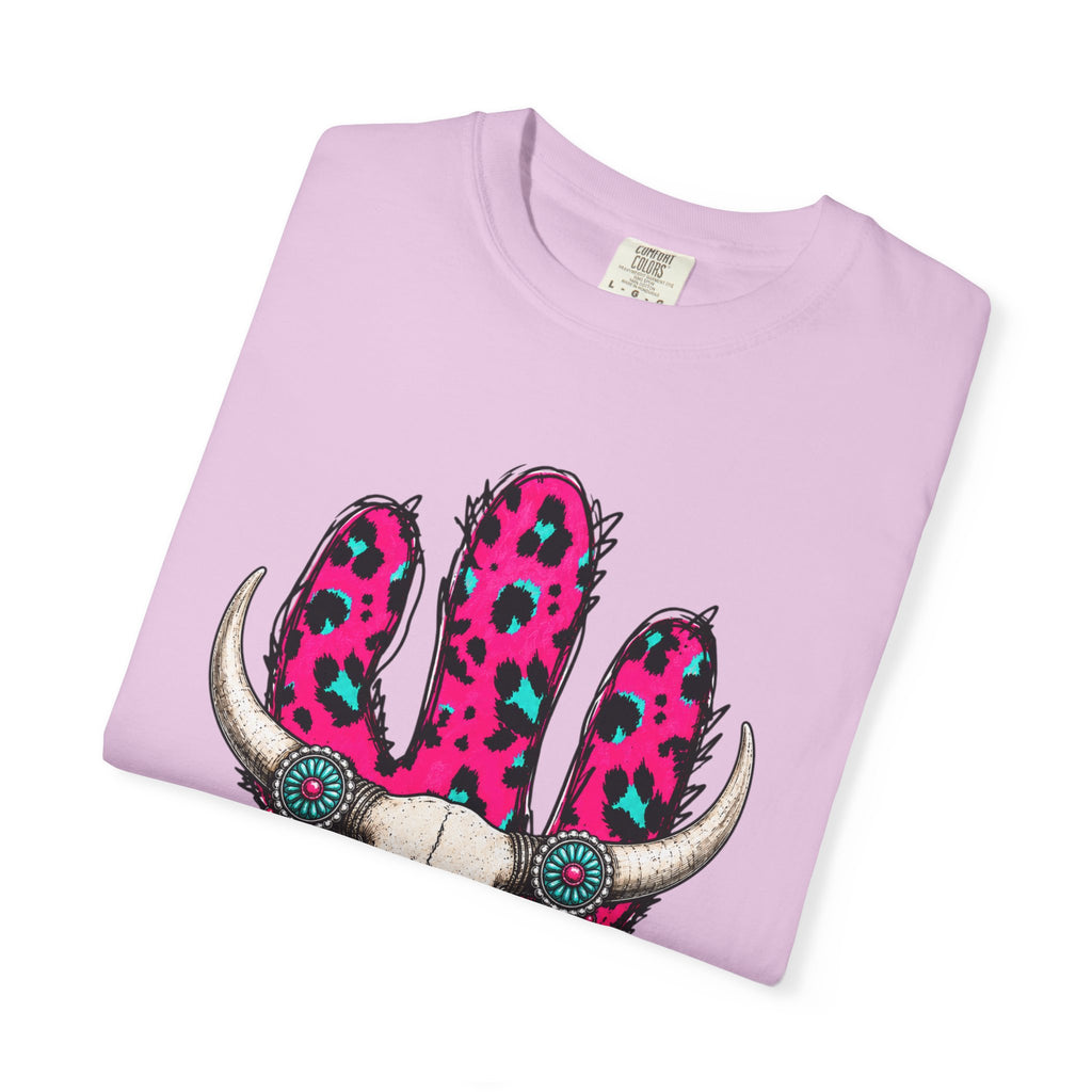 Howdy Skull Graphic T-Shirt — Pink Leopard Cow Skull Western Tee
