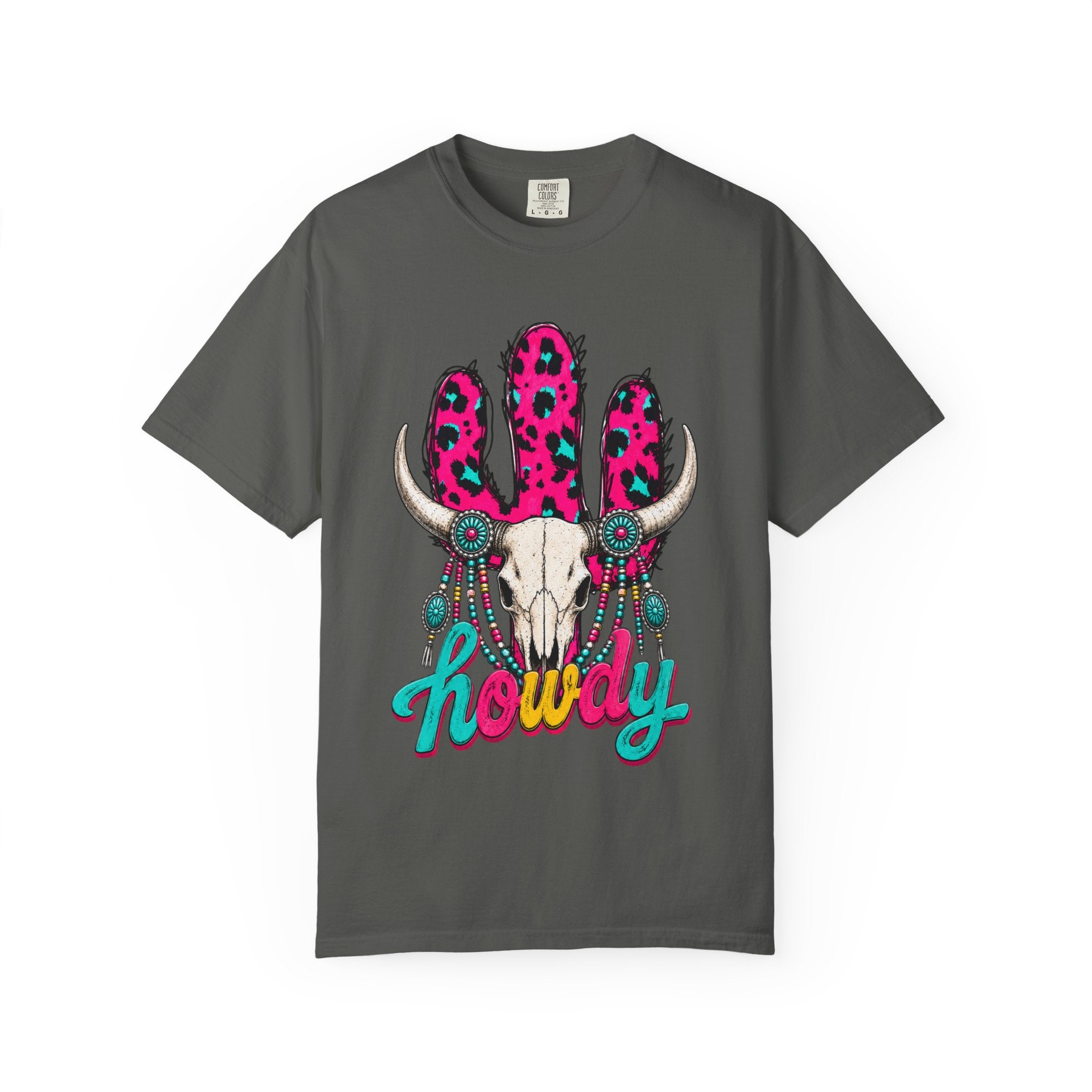 “The Elle Tee” Howdy Skull Graphic T-Shirt — Pink Leopard Cow Skull Western Tee