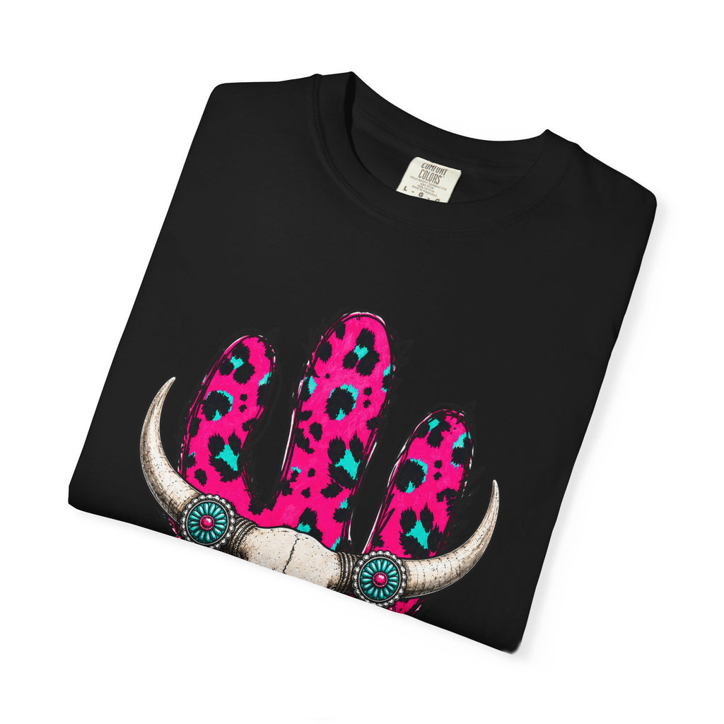 Howdy Skull Graphic T-Shirt — Pink Leopard Cow Skull Western Tee