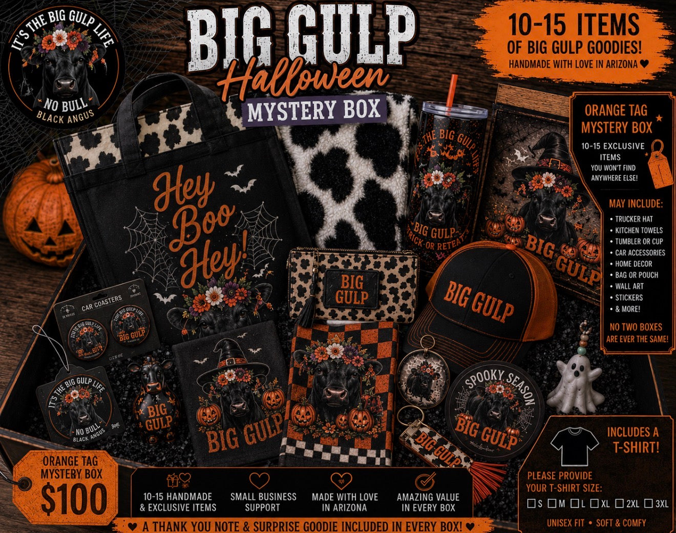 Big Gulp Orange tag Mystery box (be sure to add t-shirt size and spooky or fall.